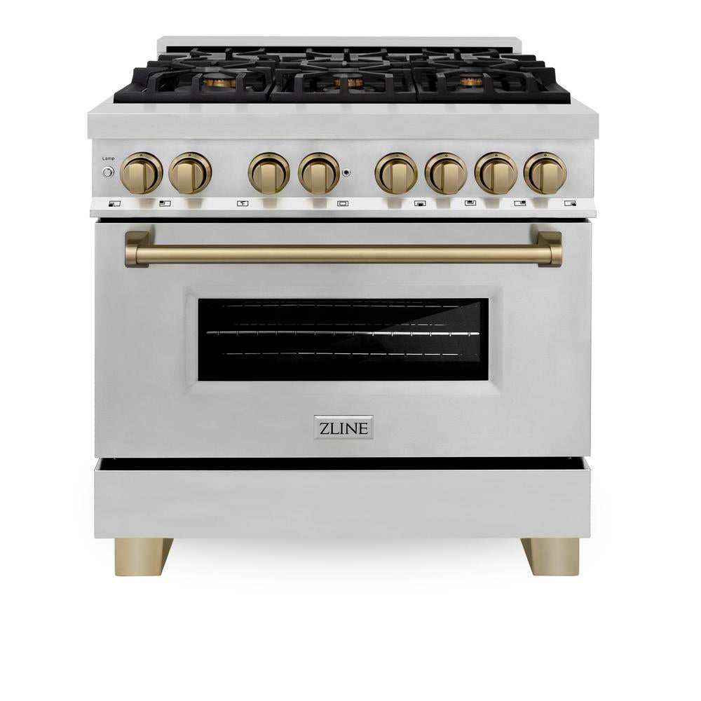 ZLINE Autograph Edition Legacy 36-inch range in stainless steel and champagne bronze accents RAZ-36-CB, front view