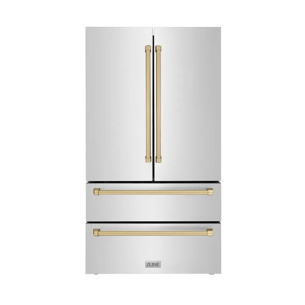 ZLINE Autograph Edition 36-inch refrigerator in fingerprint-resistant stainless steel with bright white interior and champagne bronze accents RFMZ-36-CB