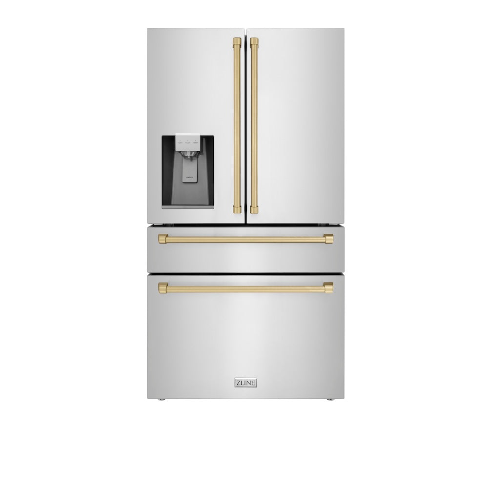 ZLINE Autograph Edition 36-inch refrigerator in fingerprint-resistant stainless steel with bright white interior and champagne bronze accents RFMZ-W-36-CB, front view