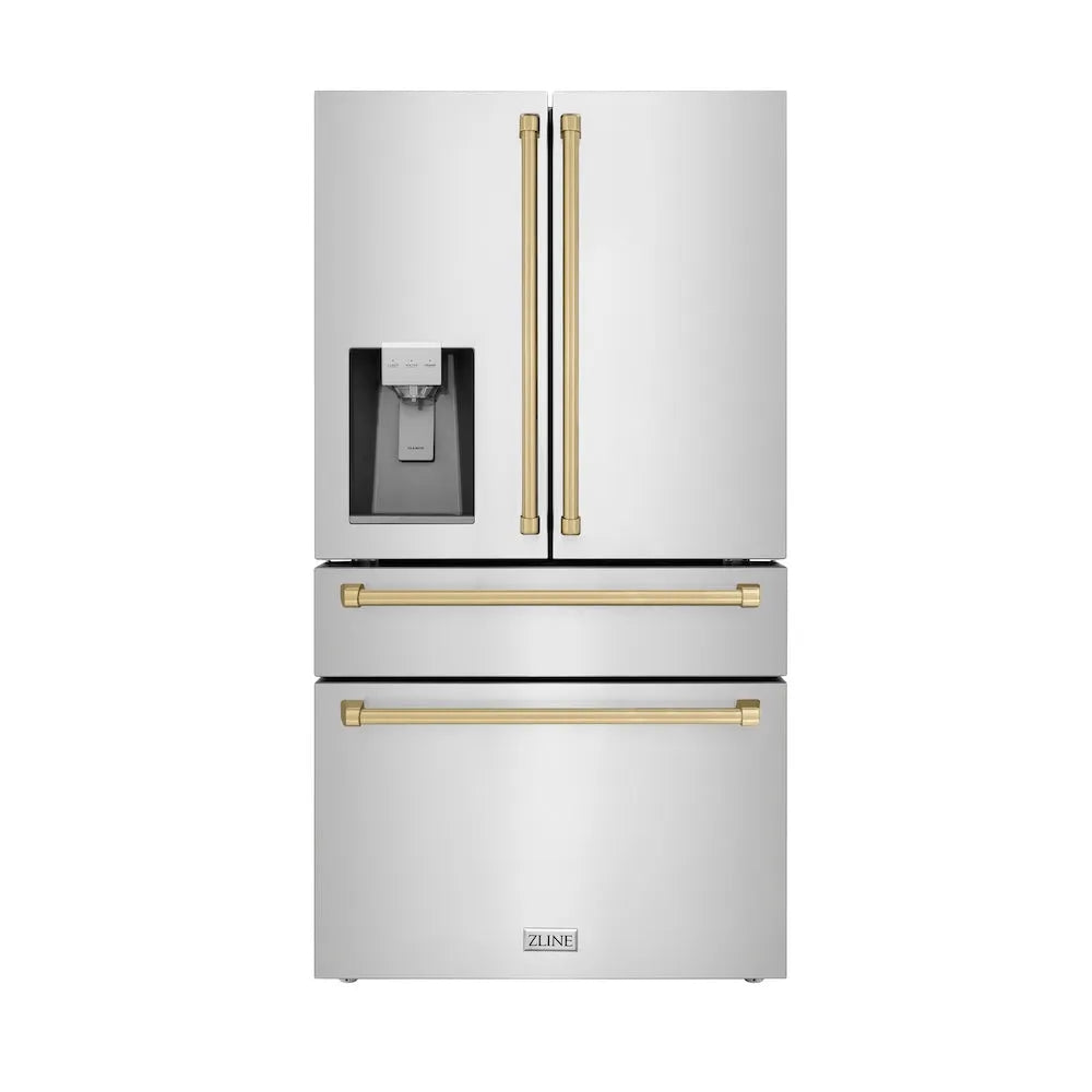 ZLINE Autograph Edition 36-inch refrigerator in fingerprint-resistant stainless steel with bright white interior and champagne bronze accents RFMZ-W-36-CB