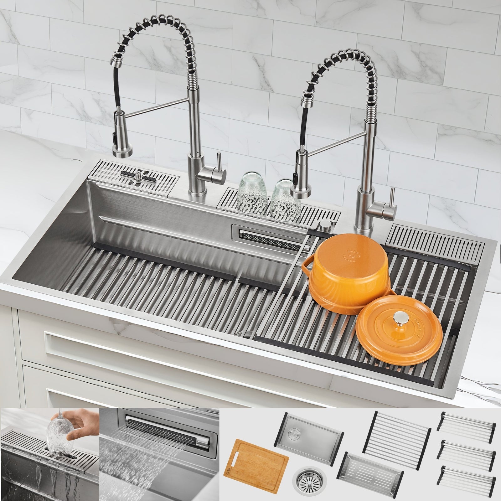 Forno Acqua 45 in. Drop-In/Undermount 3-Level Workstation Sink with Two Faucets & Glass Rinser - J-WP31