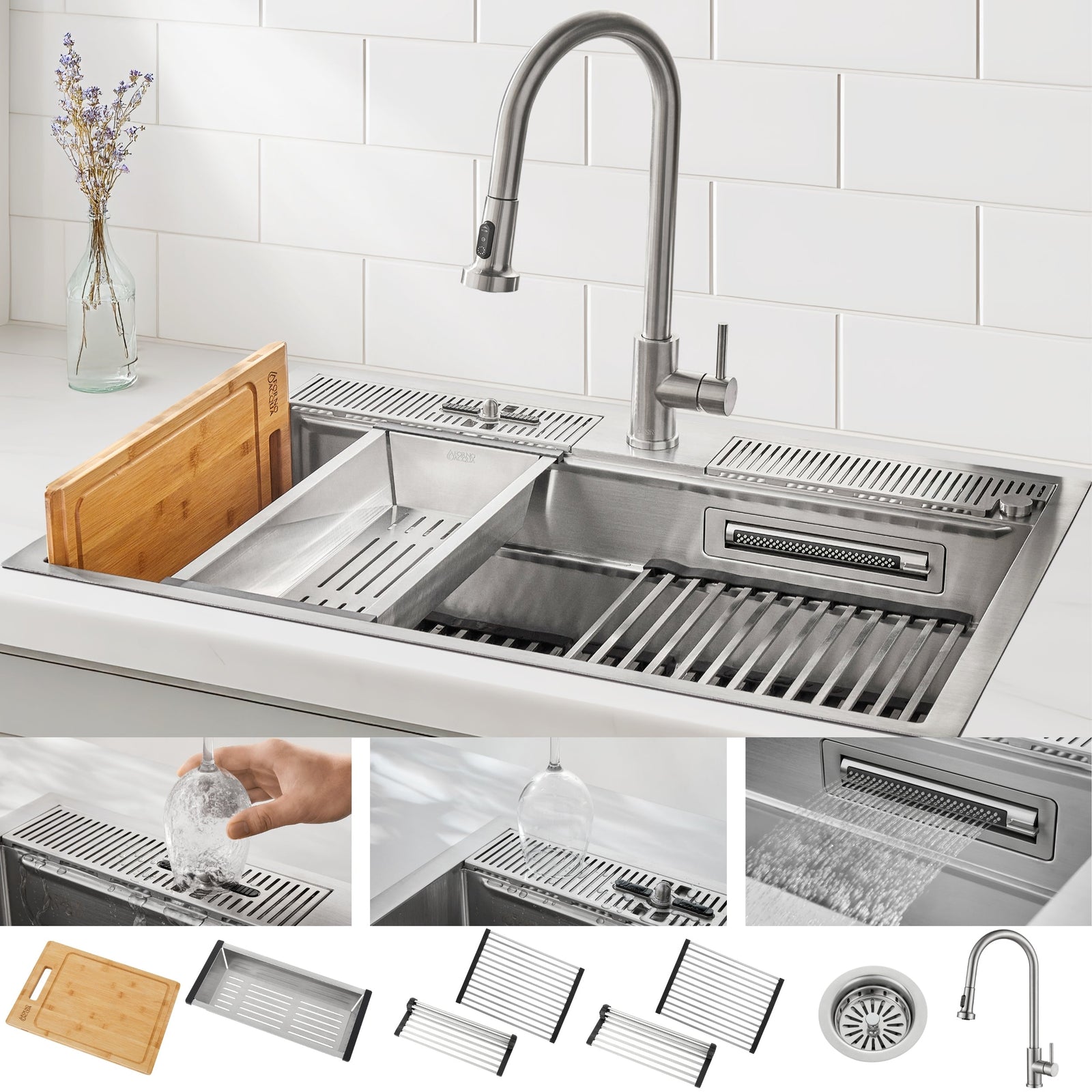 Forno Acqua 33 in. Drop-In/Undermount 3-Level Workstation Sink with Faucet, Waterfall & Glass Rinser - D-WP30