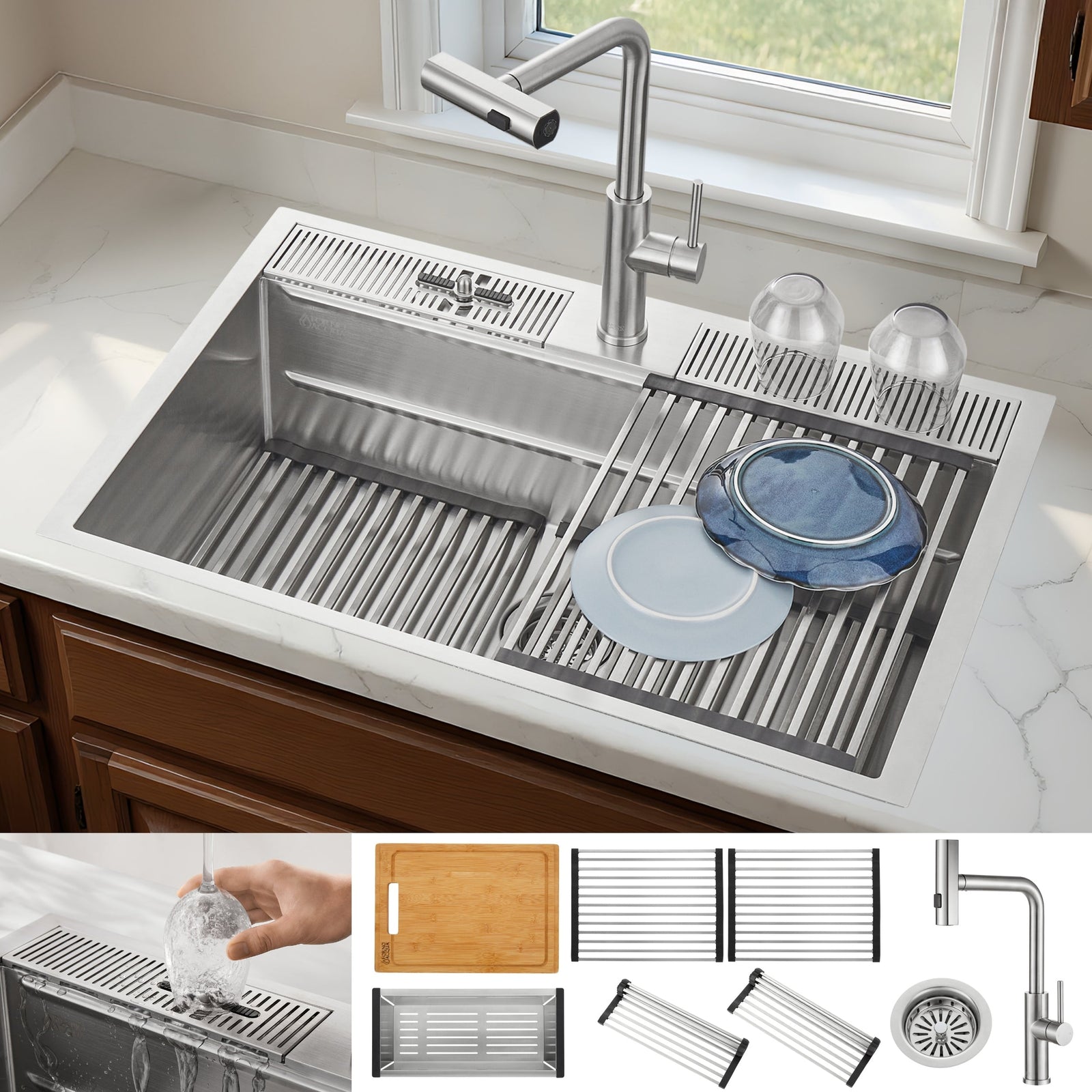 Forno Acqua 33 in. Drop-In/Undermount 3-Level Workstation Sink with Waterfall Faucet & Glass Rinser - D-XP30