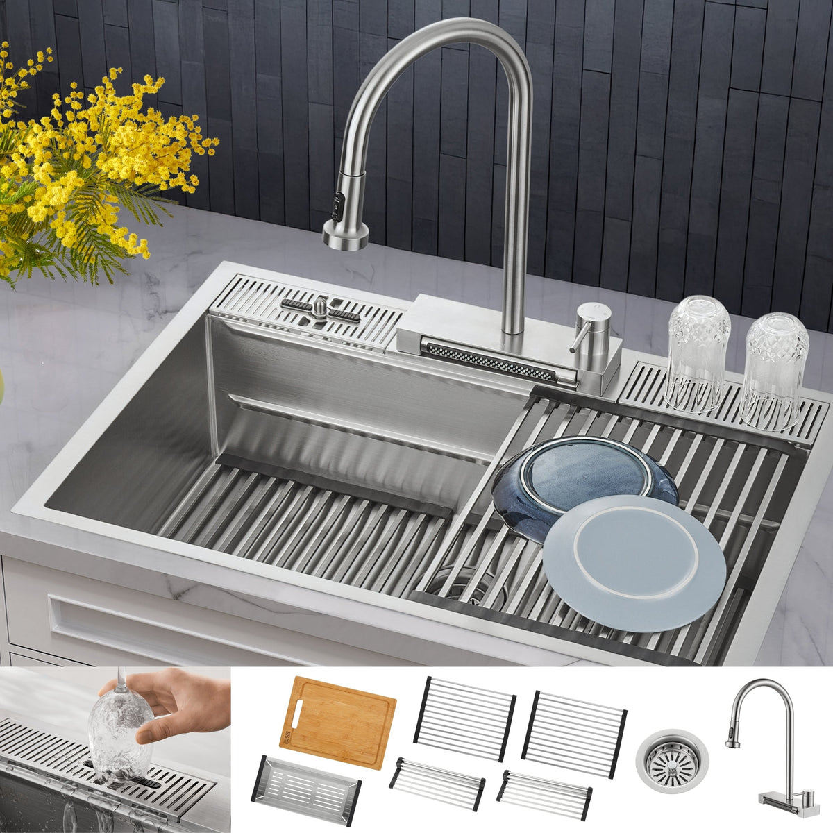 Forno Acqua 33 in. Drop-In/Undermount MultiSINK Workstation Sink with Waterfall Faucet & Glass Rinser - E-XP30