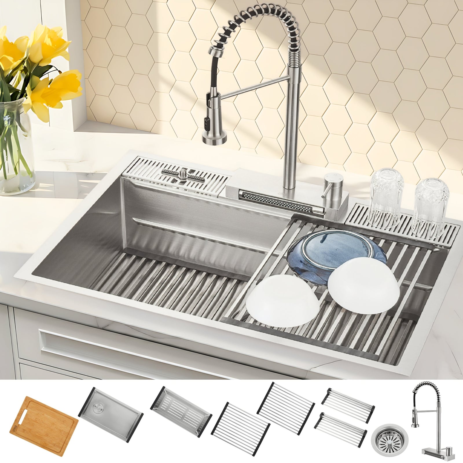 Forno Acqua 33 in. Drop-In/Undermount 3-Level MultiSINK Workstation Sink with Waterfall Faucet & Glass Rinser - E-XP31