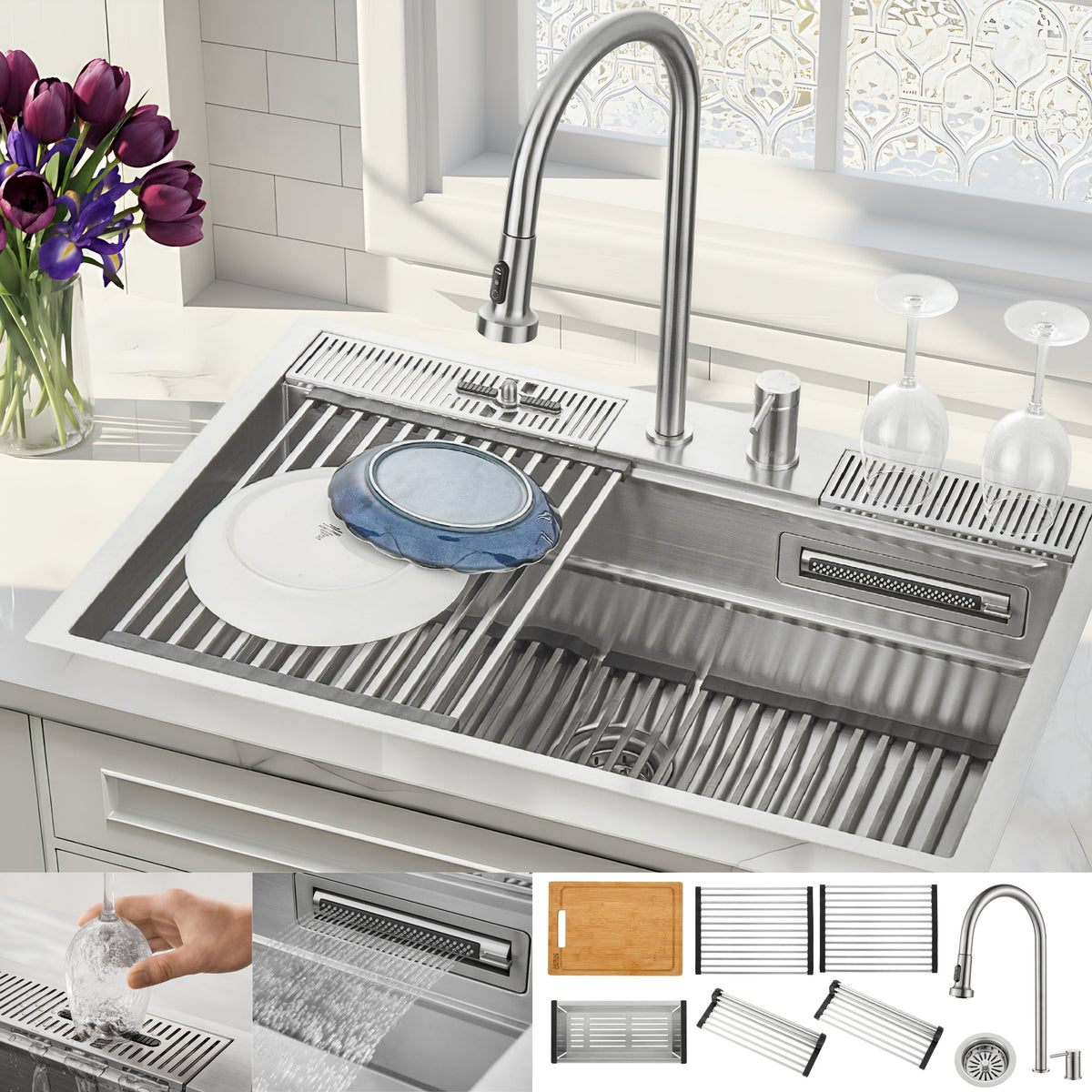 Forno Acqua 33 in. Drop-In/Undermount 3 Level Workstation Sink with Faucet, Waterfall & Glass Rinser - E-ZP30