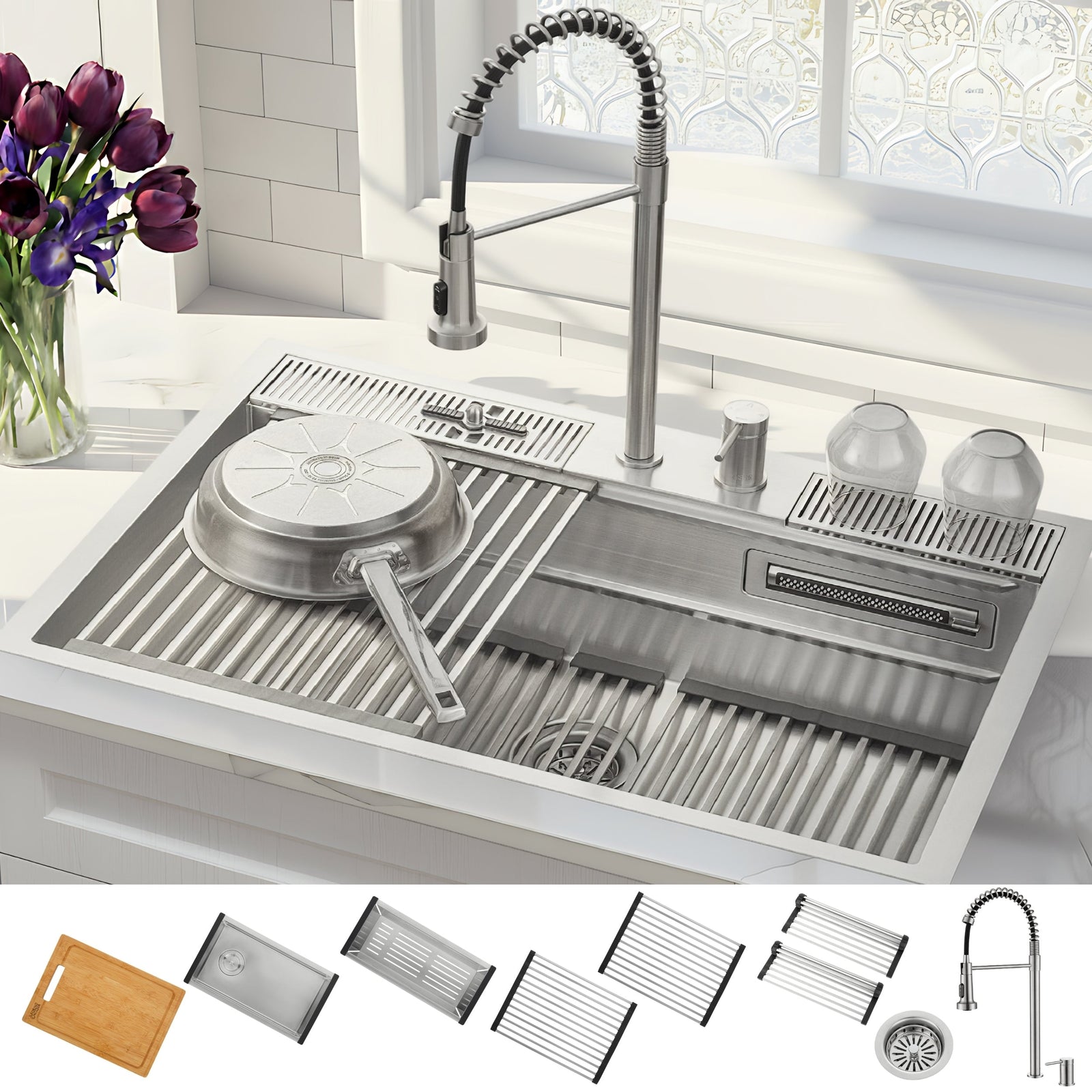 Forno Acqua 33 in. Drop-In/Undermount 3-Level Workstation Sink with Faucet, Waterfall & Glass Rinser - E-ZP31