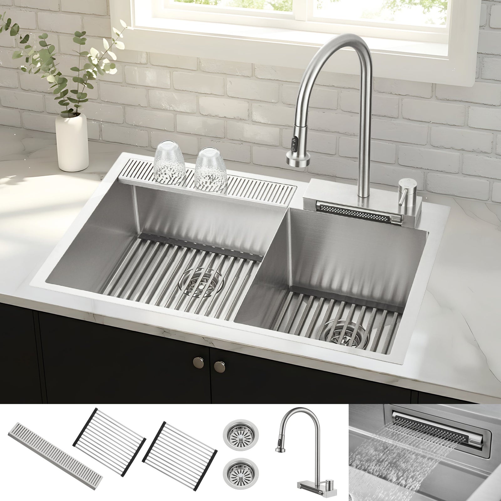Forno Acqua 33 in. Drop-In/Undermount 40/60 Double Bowl Stainless Steel Sink with Waterfall Faucet - H-XN30