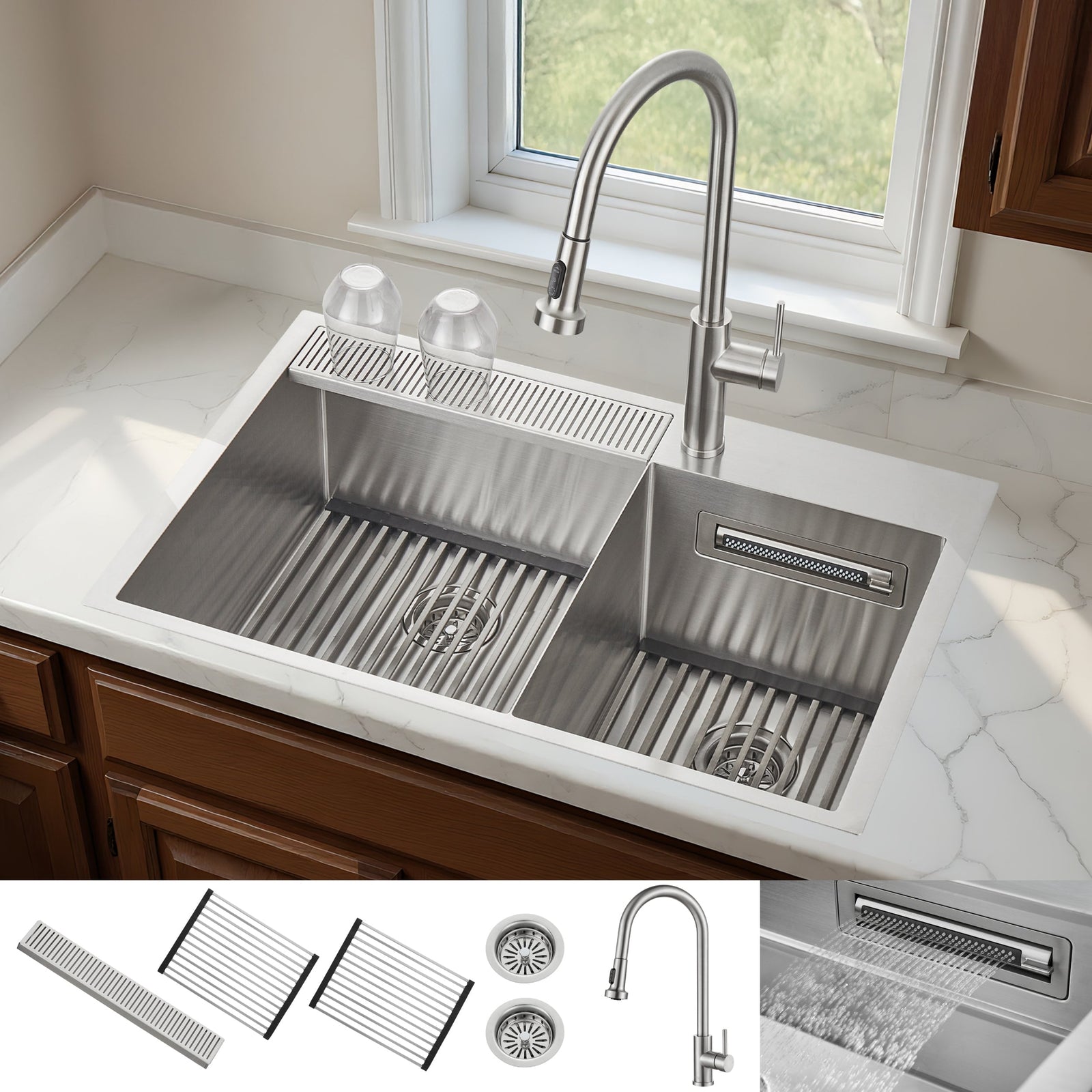 Forno Acqua 33 in. Drop-In/Undermount 40/60 Double Bowl Sink with Retractable Faucet & Waterfall - H-ZN30