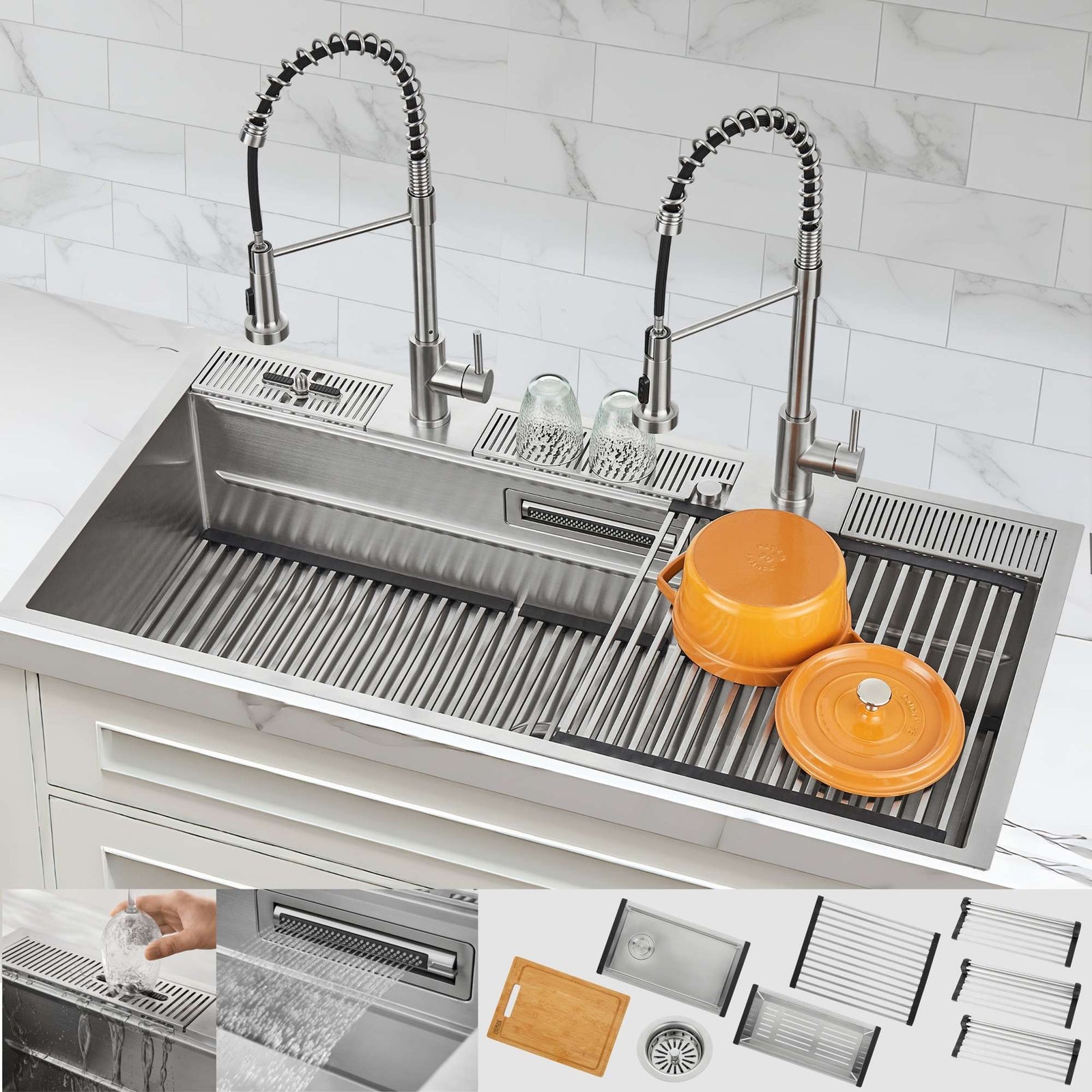 Forno Acqua 45 in. Drop-In/Undermount 3-Level Workstation Sink with Two Faucets & Glass Rinser - J-WP31