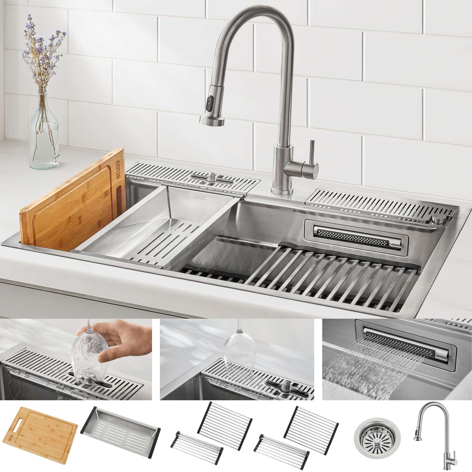 Forno Acqua 33 in. Drop-In/Undermount 3-Level Workstation Sink with Faucet, Waterfall & Glass Rinser - D-WP30