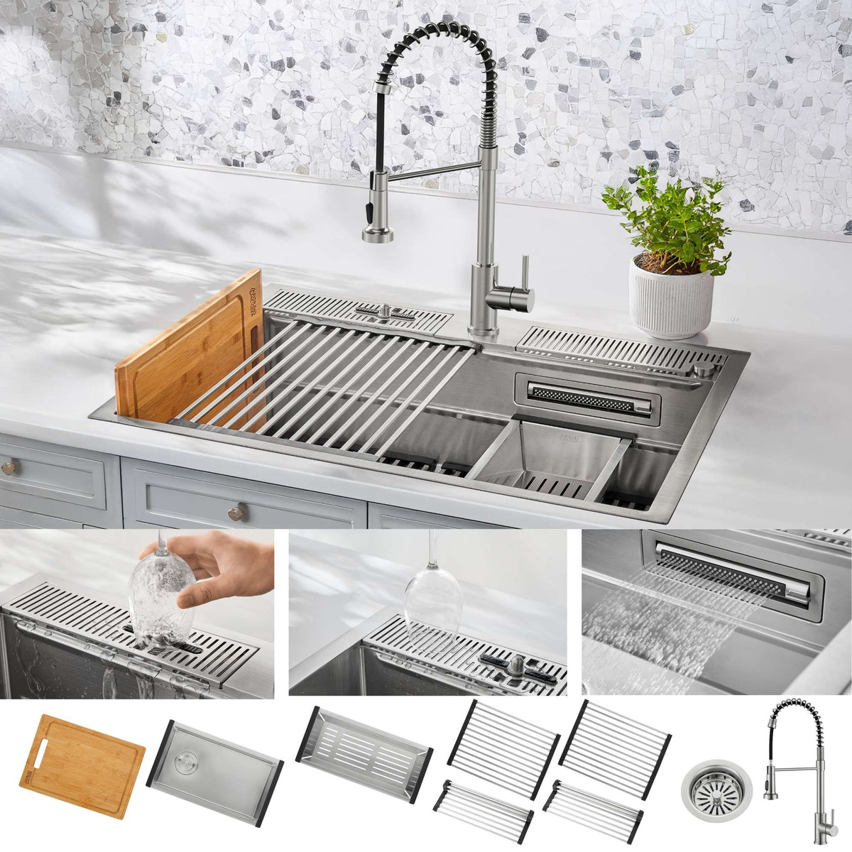 Forno Acqua MultiSINK kit with Integrated Waterfall Rinsing and Glass Washing Station. Includes Chef Faucet and Accessories - D-WP31