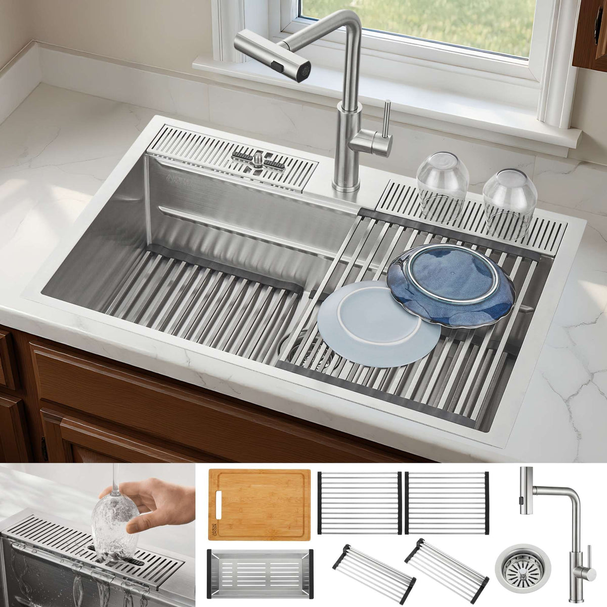 Forno Acqua 33 in. Drop-In/Undermount 3-Level Workstation Sink with Waterfall Faucet & Glass Rinser - D-XP30