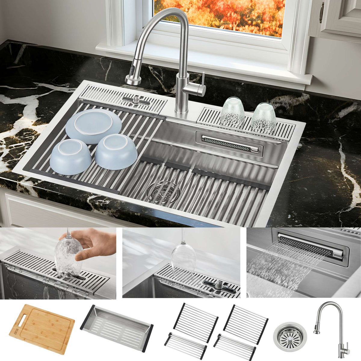 Forno Acqua 33 in. Drop-In/Undermount 3-Level Workstation with Retractable Faucet & Glass Rinser - D-ZP30