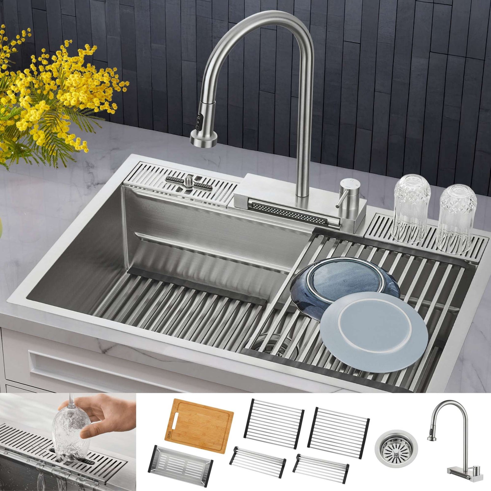 Forno Acqua 33 in. Drop-In/Undermount MultiSINK Workstation Sink with Waterfall Faucet & Glass Rinser - E-XP30