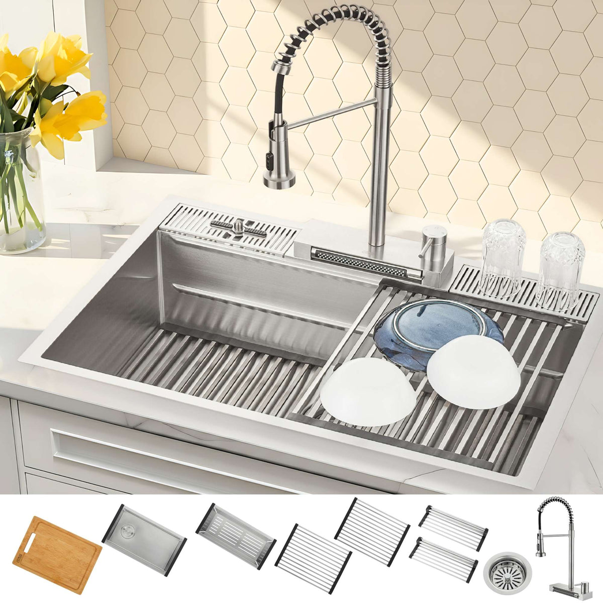 Forno Acqua 33 in. Drop-In/Undermount 3-Level MultiSINK Workstation Sink with Waterfall Faucet & Glass Rinser - E-XP31