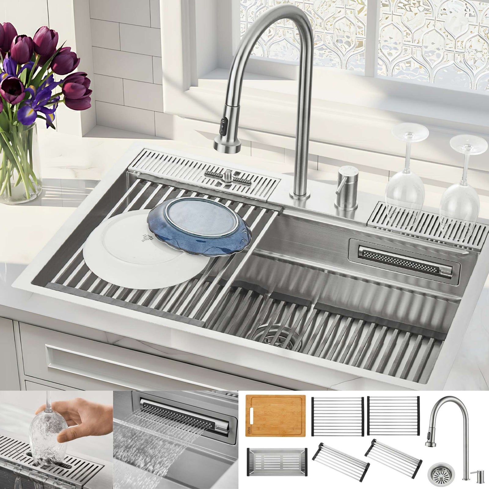 Forno Acqua 33 in. Drop-In/Undermount 3 Level Workstation Sink with Faucet, Waterfall & Glass Rinser - E-ZP30
