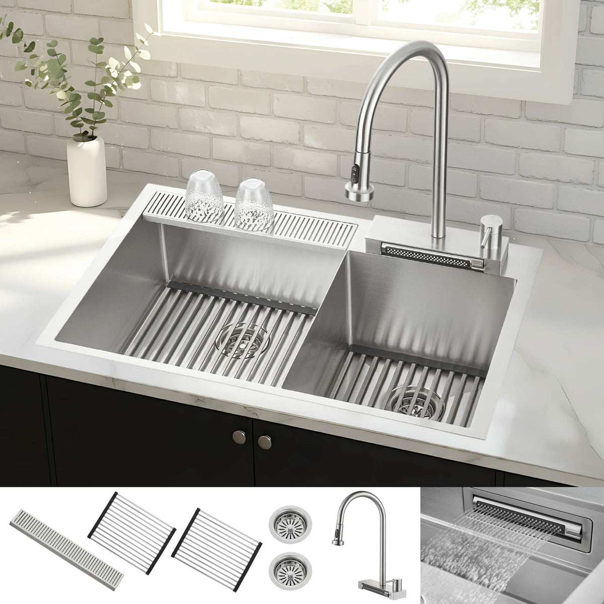 Forno Acqua 33 in. Drop-In/Undermount 40/60 Double Bowl Stainless Steel Sink with Waterfall Faucet - H-XN30