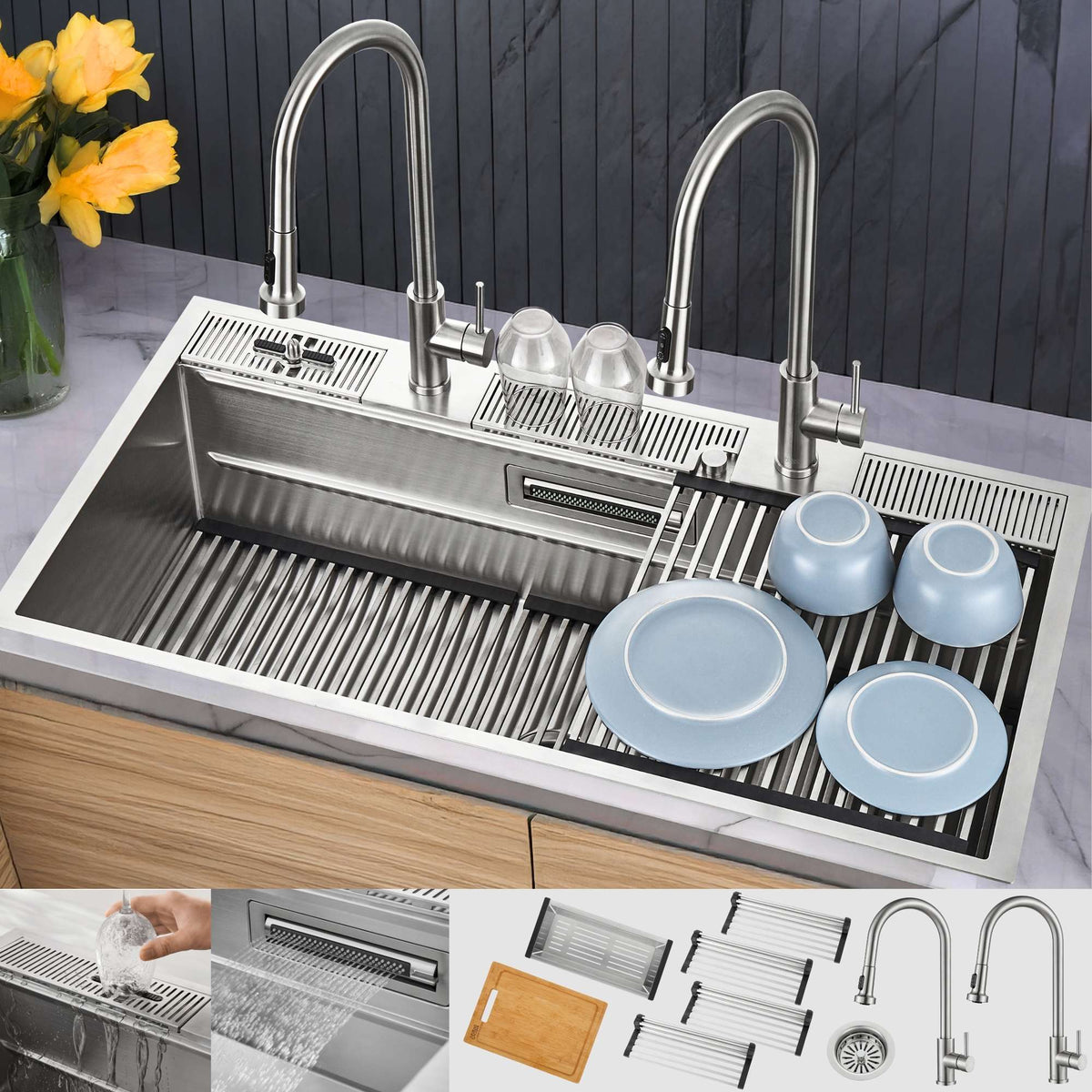 Forno Acqua 45 in. Drop-In/Undermount 3-Level Workstation Sink with Two Faucets & Glass Rinser - J-WP30
