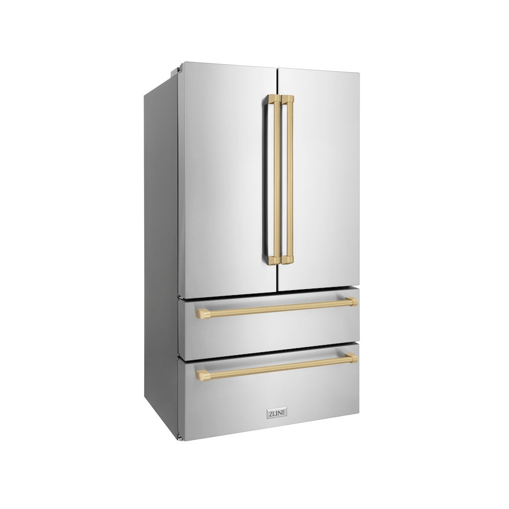 ZLINE Autograph Edition 36-inch refrigerator in fingerprint-resistant stainless steel with bright white interior and champagne bronze accents RFMZ-36-CB, side view