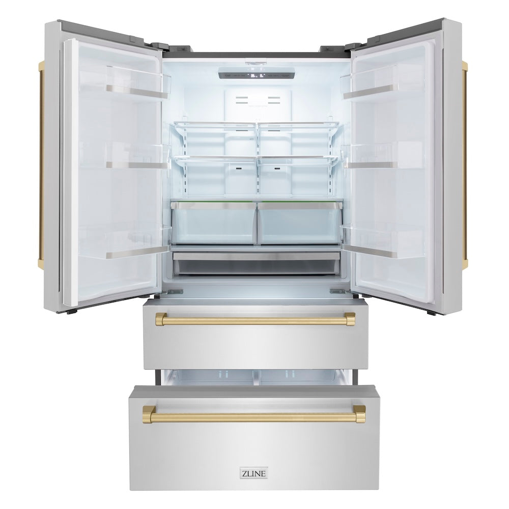 ZLINE Autograph Edition 36-inch refrigerator in fingerprint-resistant stainless steel with bright white interior and champagne bronze accents RFMZ-36-CB, front view