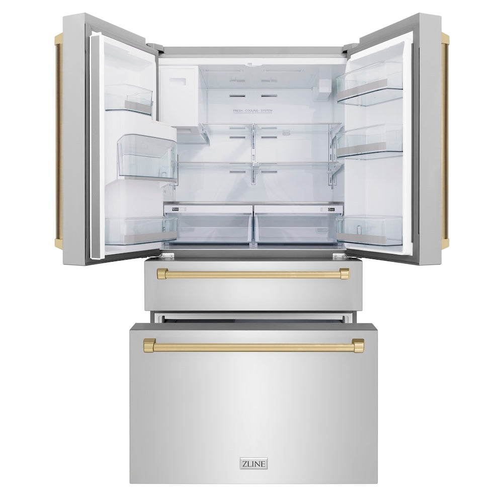 ZLINE Autograph Edition 36-inch refrigerator in fingerprint-resistant stainless steel with bright white interior and champagne bronze accents RFMZ-W-36-CB, front view