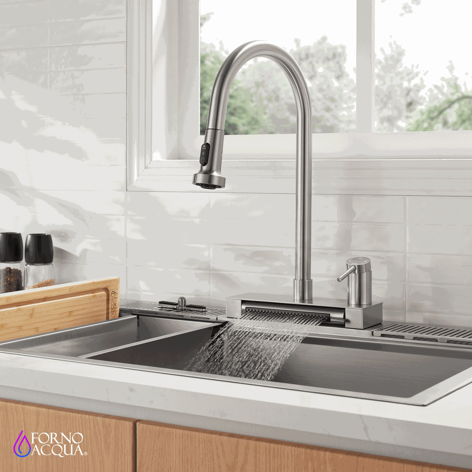 Forno Acqua 4 Function Waterfall Pull-Down Kitchen Faucet Brushed Nickel - FCWRMBND1