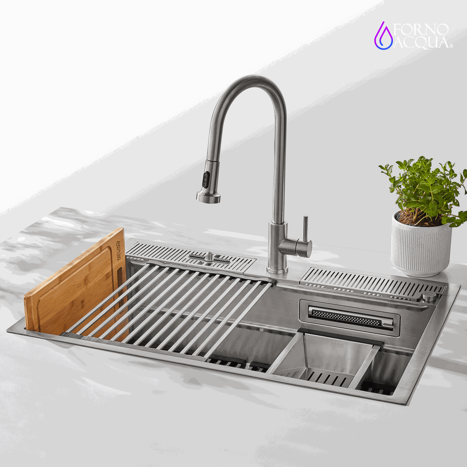 Forno Acqua 33 in. Drop-In/Undermount 3-Level Workstation Sink with Faucet, Waterfall & Glass Rinser - D-WP30