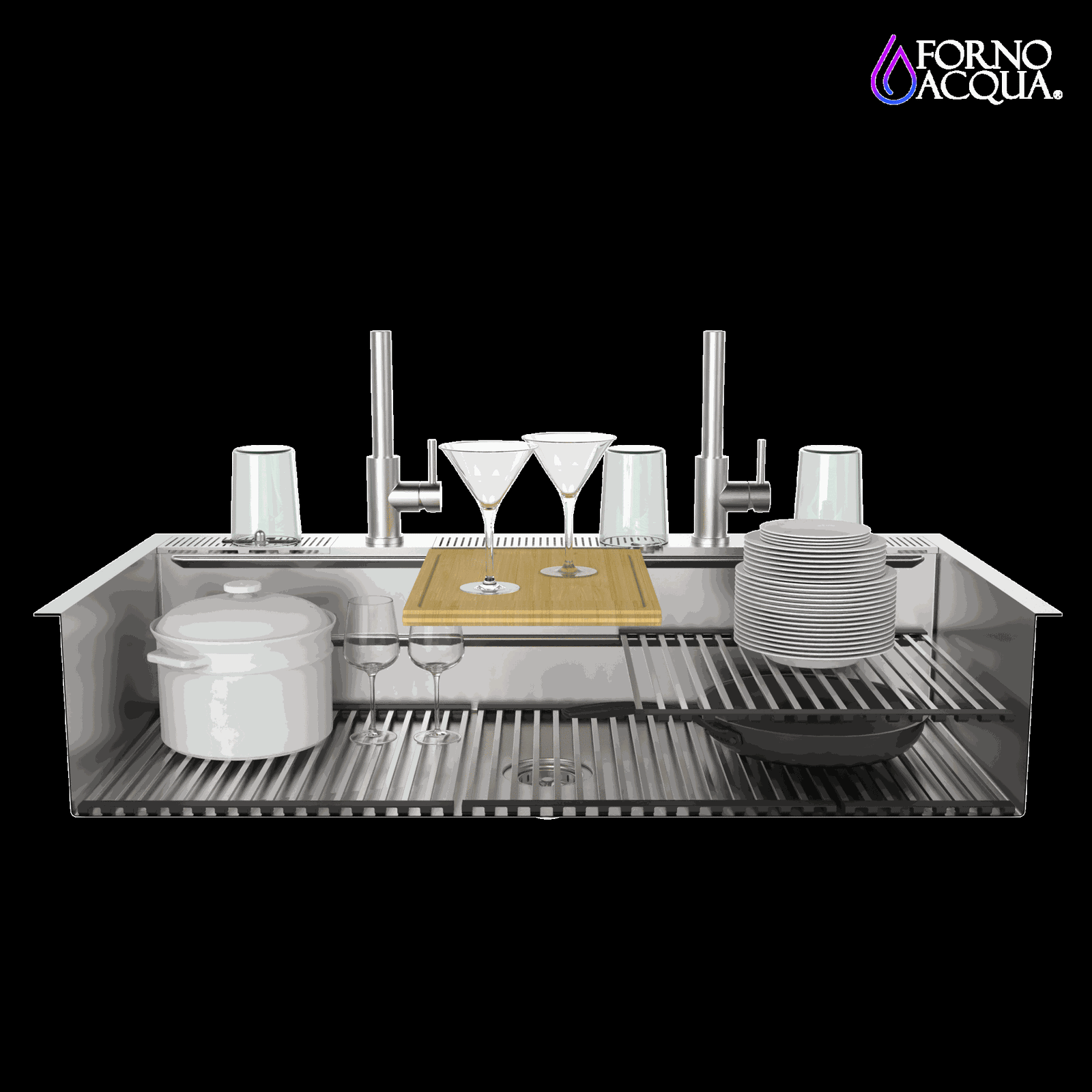 Forno Acqua 45 in. Drop-In/Undermount 3-Level Workstation Sink with Two Faucets & Glass Rinser - J-WP31