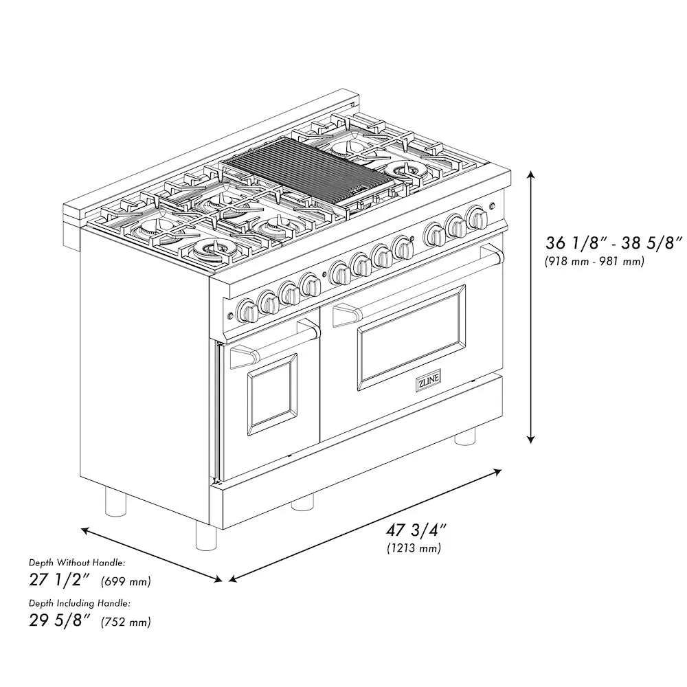 ZLINE Legacy 48-inch dual fuel range RA48 dimension diagram