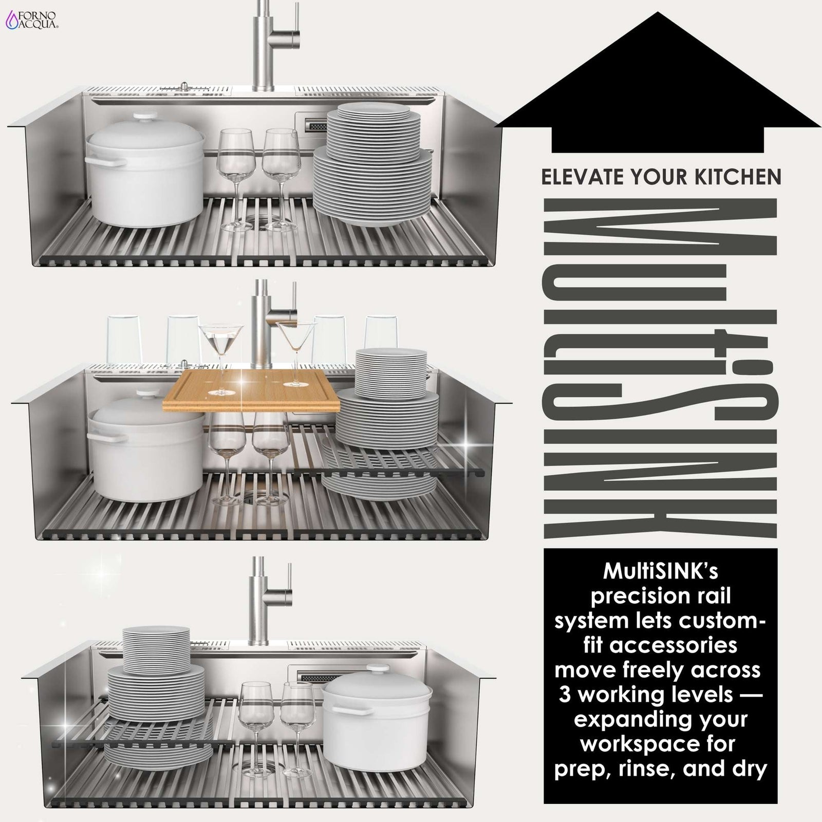 Forno Acqua 33 in. Drop-In/Undermount MultiSINK Workstation Sink with Waterfall Faucet & Glass Rinser - E-XP30