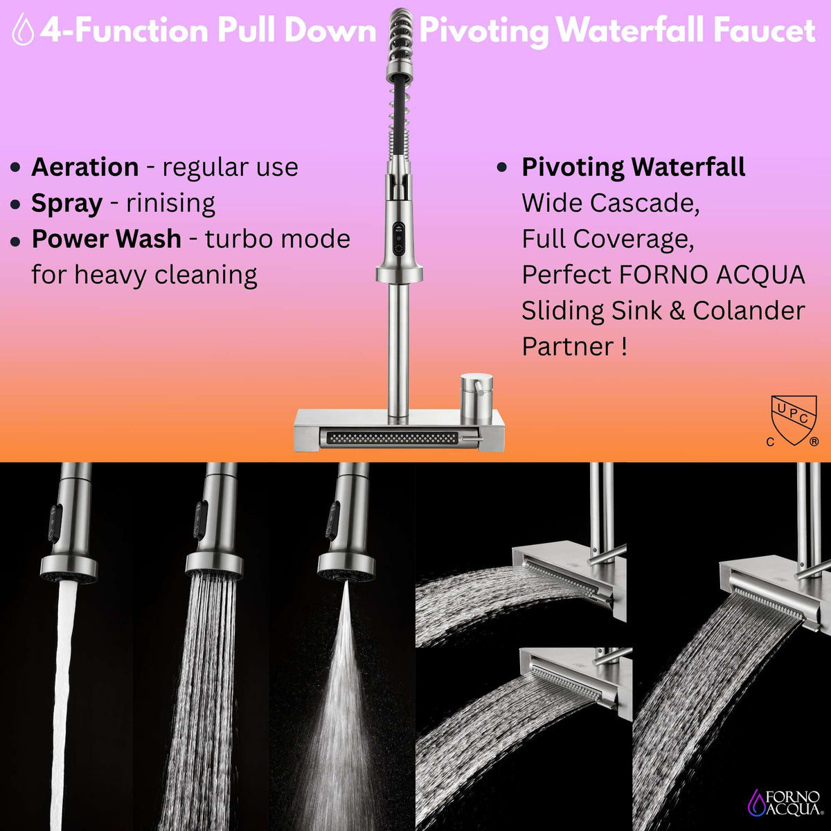 Forno Acqua 33 in. Drop-In/Undermount 3-Level MultiSINK Workstation Sink with Waterfall Faucet & Glass Rinser - E-XP31