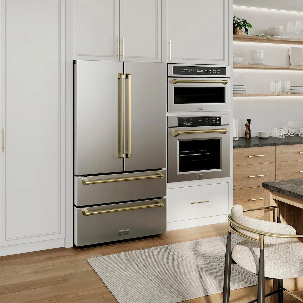 ZLINE Autograph Edition 36-inch refrigerator in fingerprint-resistant stainless steel with bright white interior and champagne bronze accents RFMZ-36-CB, view 2