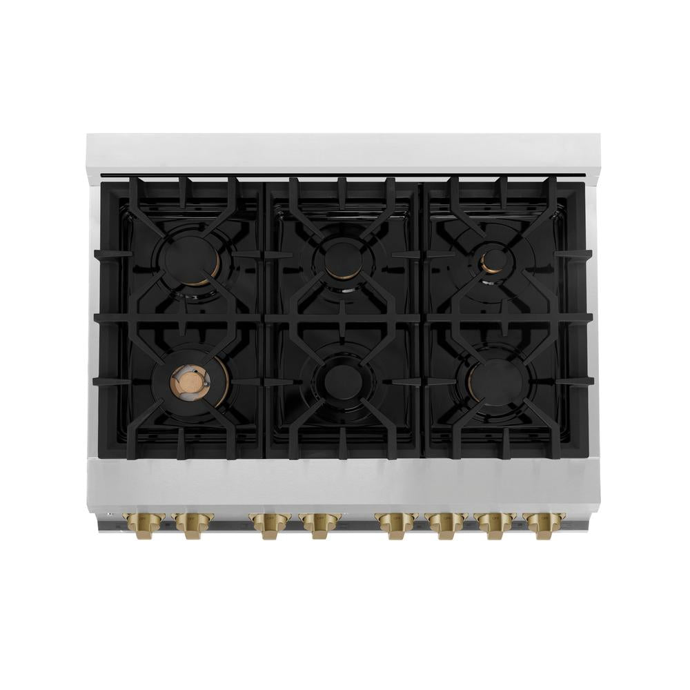 ZLINE Autograph Edition Legacy 36-inch range in stainless steel and champagne bronze accents RAZ-36-CB, from above