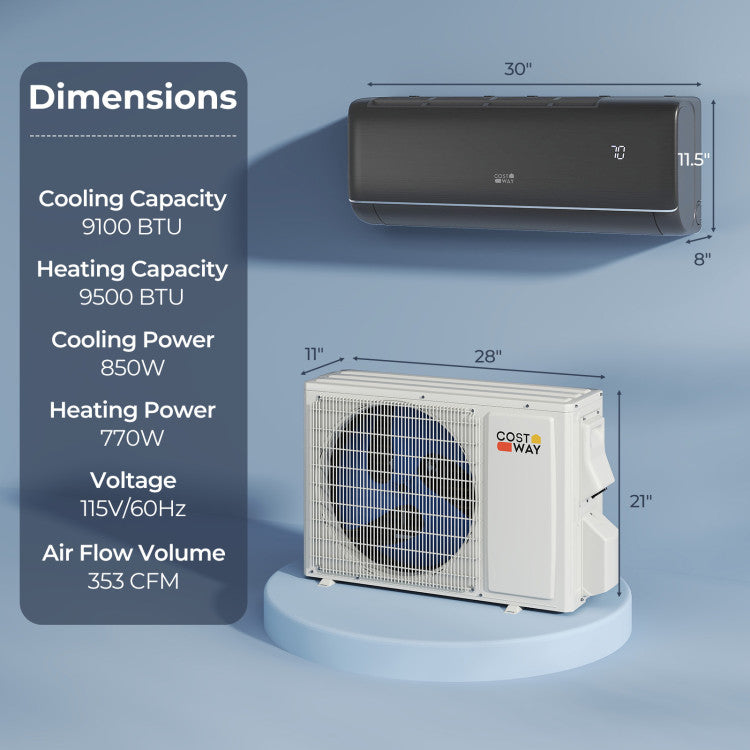 Costway 9,000 BTU 20.5 SEER2 Mini Split Air Conditioner Dimensions