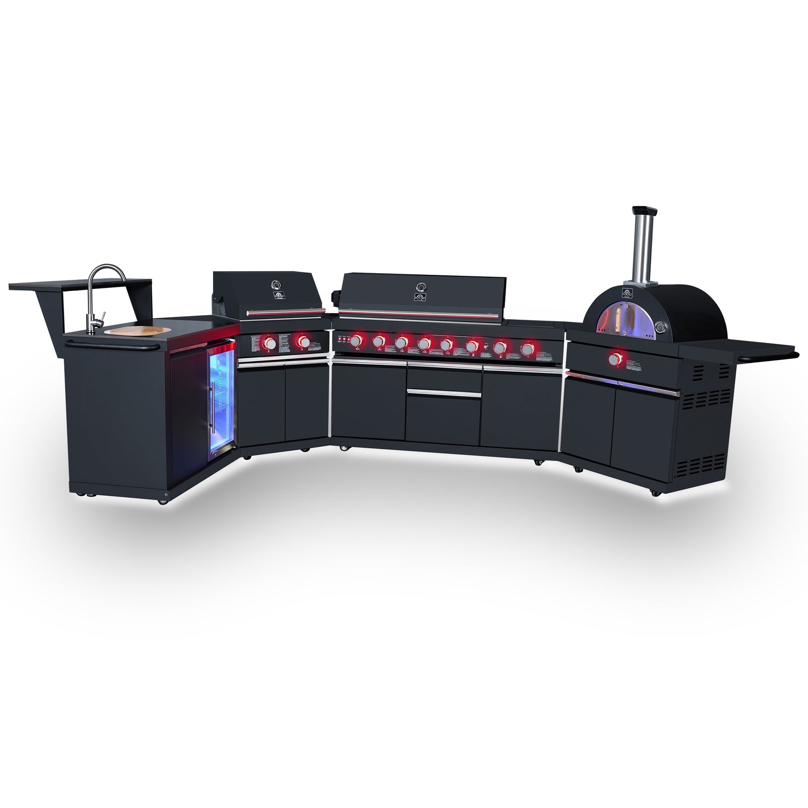 Forno All’Aperto 99,600 BTU Outdoor Kitchen, 5 Burners, Infrared Burners, Side Burner, Black Sintered Stone Countertops, Gas Pizza Oven, Sink Module, Bar & Beverage Center - FODKT2568BLK