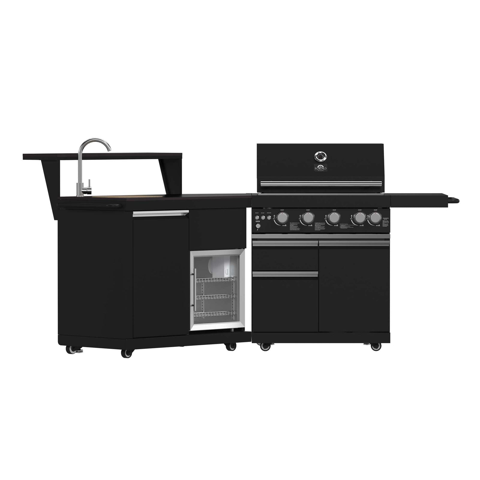 Forno All’Aperto 62,600 BTU BBQ, 3 Stainless Steel Burners, Infrared Burners, Sink Module, Black Sintered Stone Countertops, Bar and Beverage Center - FODKT2582BLK