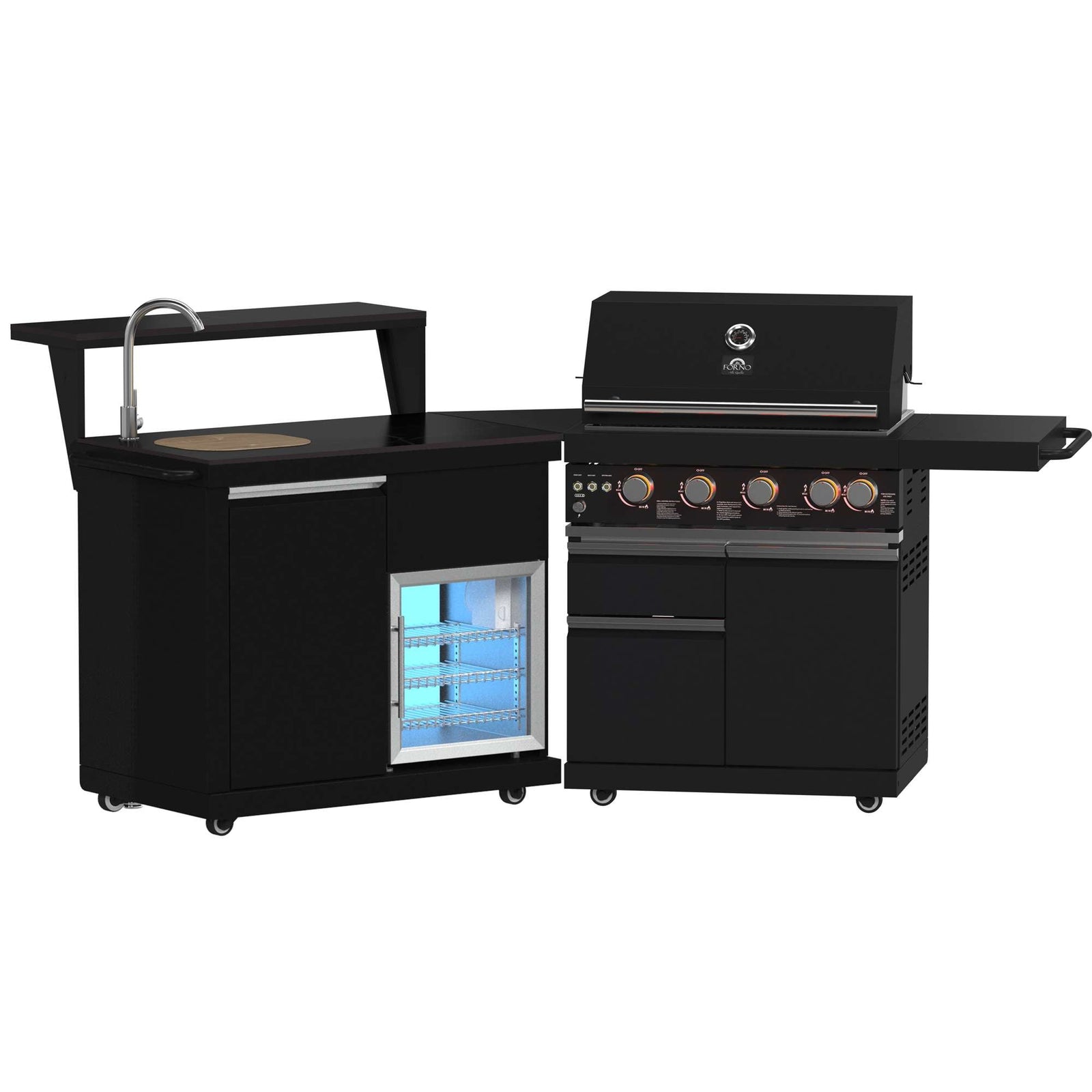 Forno All’Aperto 62,600 BTU BBQ, 3 Stainless Steel Burners, Infrared Burners, Sink Module, Black Sintered Stone Countertops, Bar and Beverage Center - FODKT2582BLK