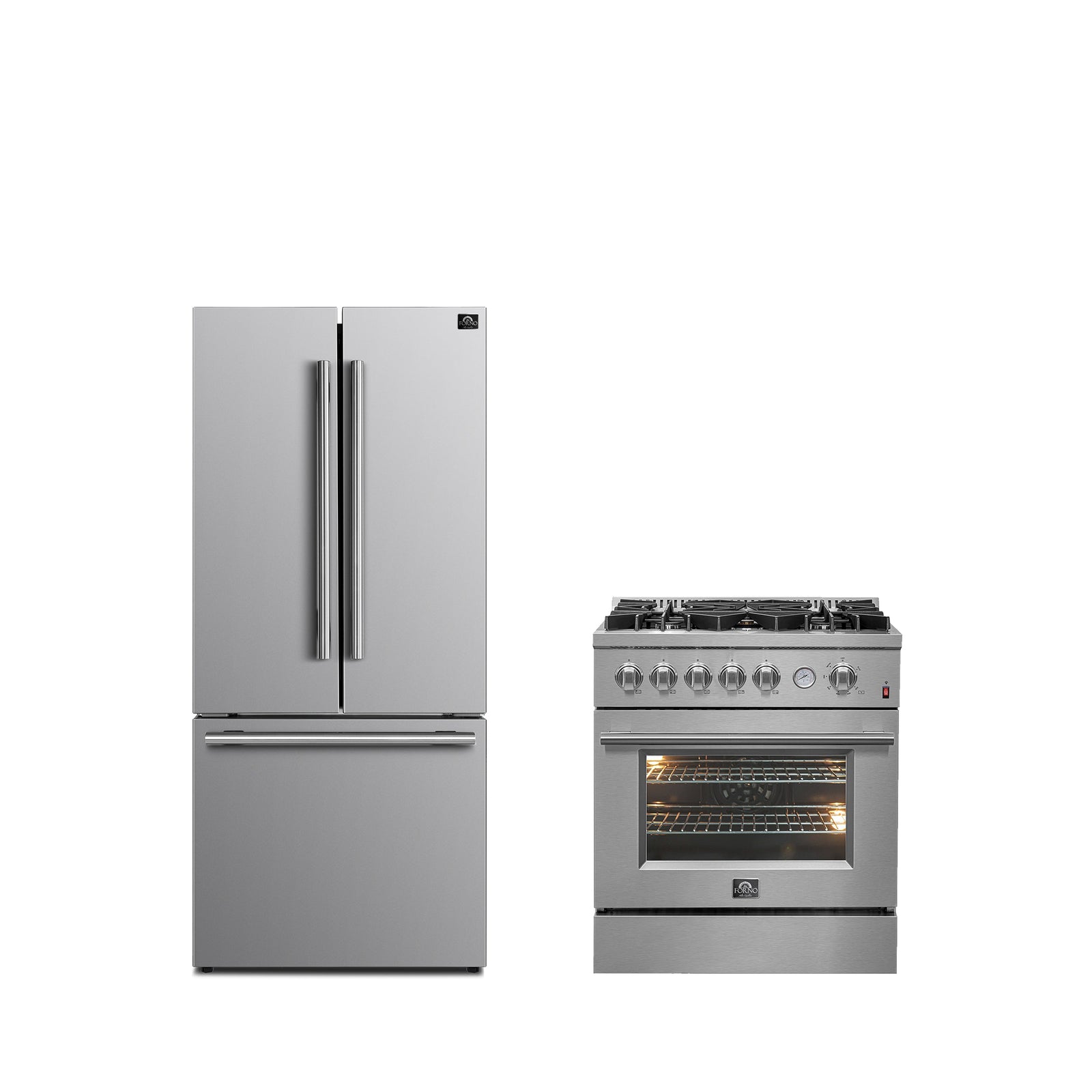 Forno Premium 2-Piece Kitchen Bundle -Giovanni 30-inch Gas Range Stainless Steel, Forno Gallipoli 30" French Door Refrigerator with Bottom Freezer 17.5 cu. ft Capacity - FBDL-020-01CAUS