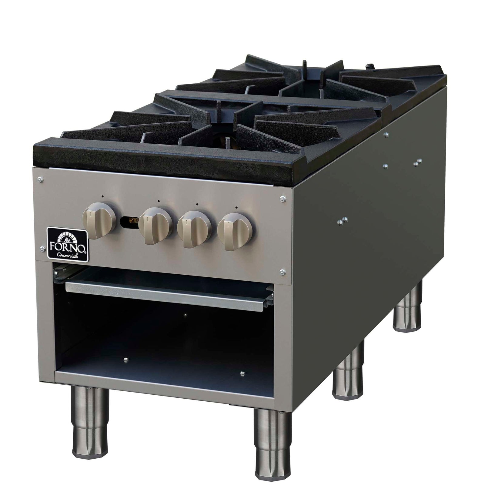 Forno Commerciale gas stock pot range, 2 powerful 3-ring burners, 160,000 BTU, durable stainless steel, heavy-duty cast iron grates - FCMSP0094-18
