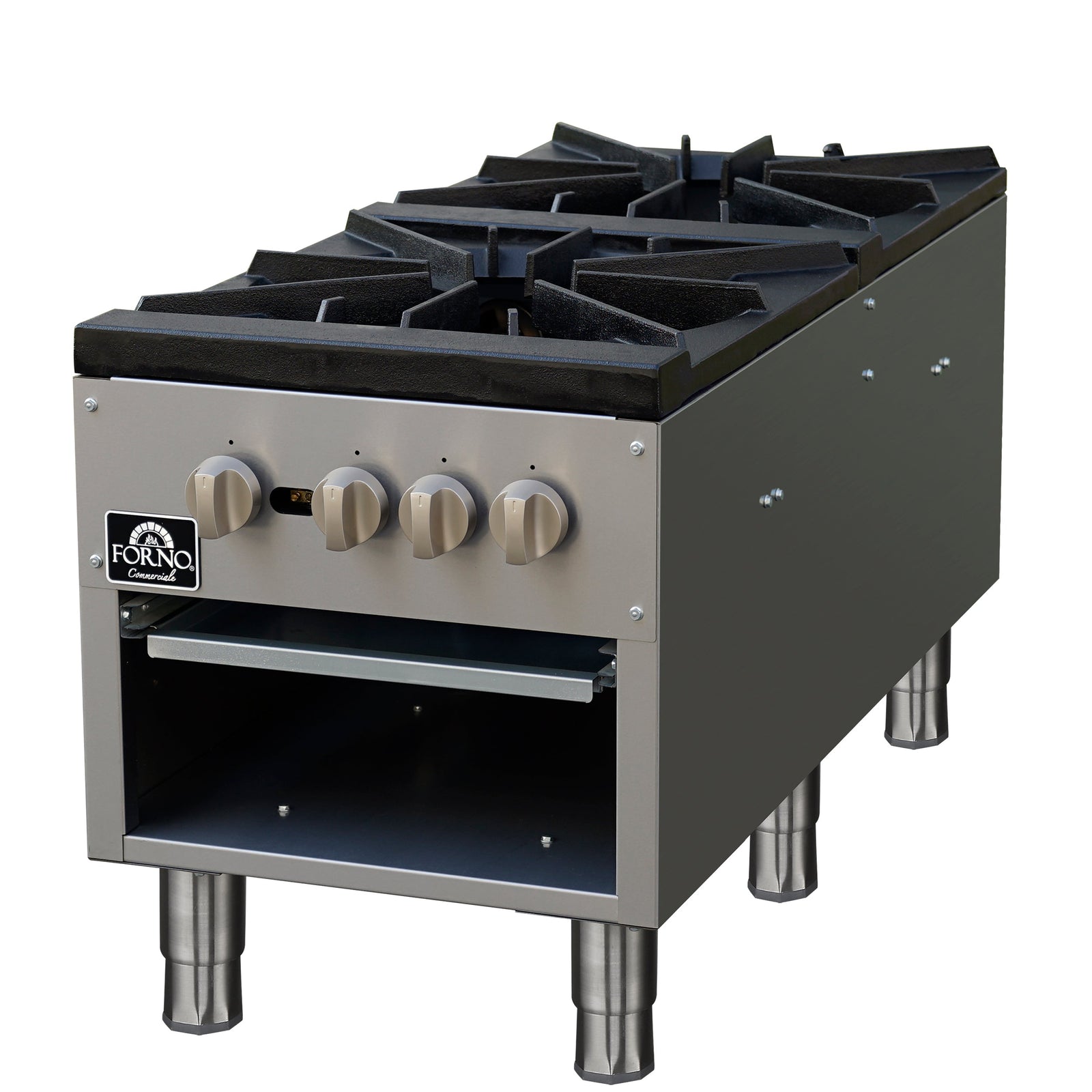 Forno Commerciale gas stock pot range, 2 powerful 3-ring burners, 160,000 BTU, durable stainless steel, heavy-duty cast iron grates - FCMSP0094-18
