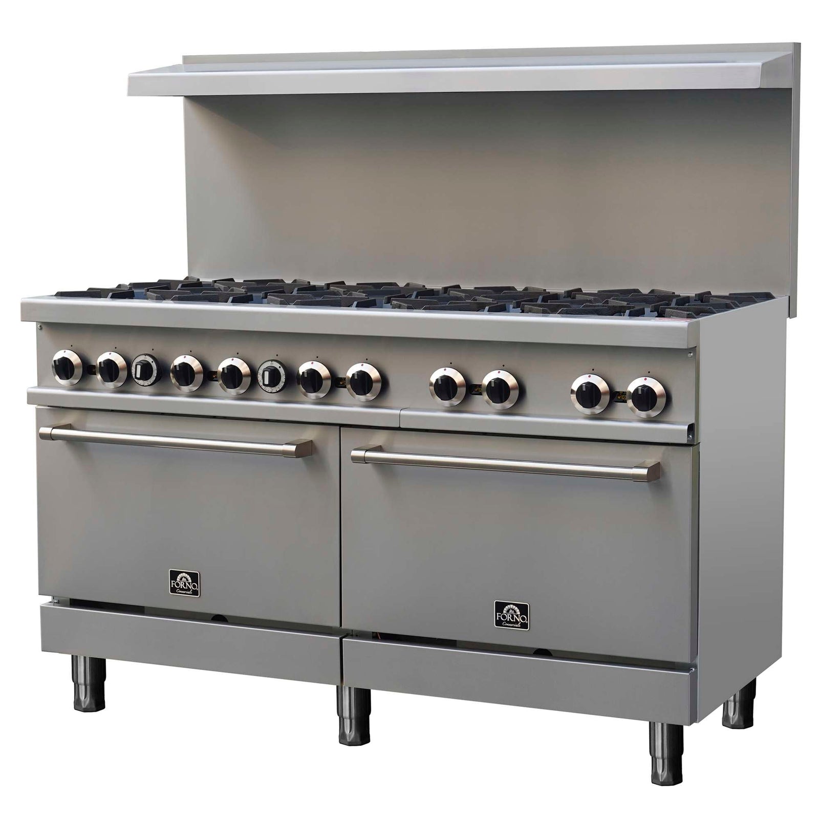 Forno Commerciale 60 Inch Stainless Steel Gas Range, 10 Burners 300,000 BTU Total, 9.3 cu.ft. Ovens - FCMGR0093-60