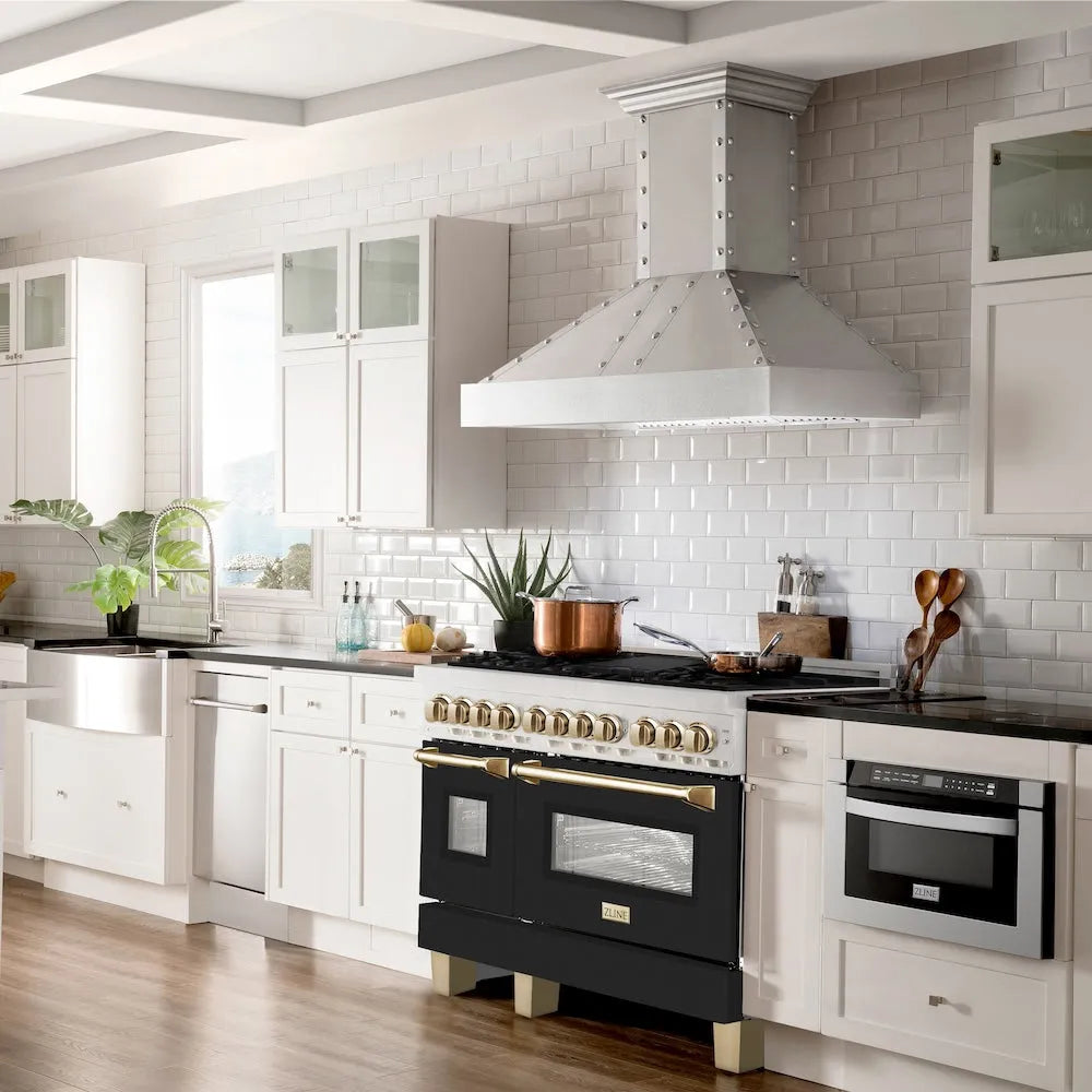 ZLINE Autograph Edition Legacy 48-inch range in satin stainless steel with black matte door and polished gold accents RASZ-BLM-48-G, view 2