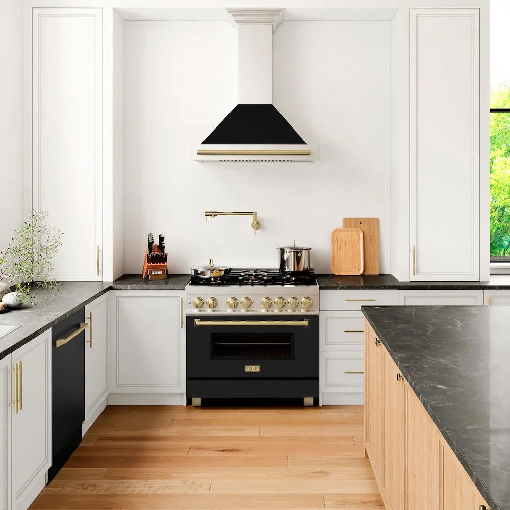 ZLINE Autograph Edition 36-inch range hood in satin stainless steel and champagne bronze accents KB4SNZ-BLM36-CB, view 2