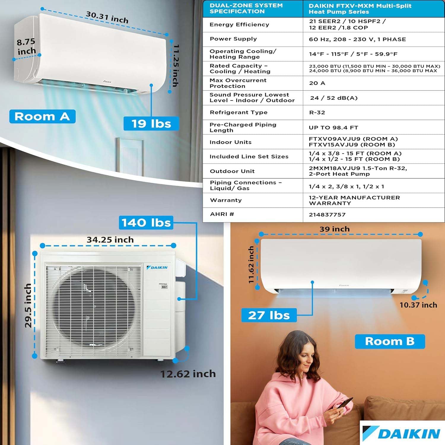 Daikin MXM 18,000 BTU (7K + 7K) 21 SEER2 Dual Zone Wall Mount Mini Split Heat Pump System - R32 - 230V