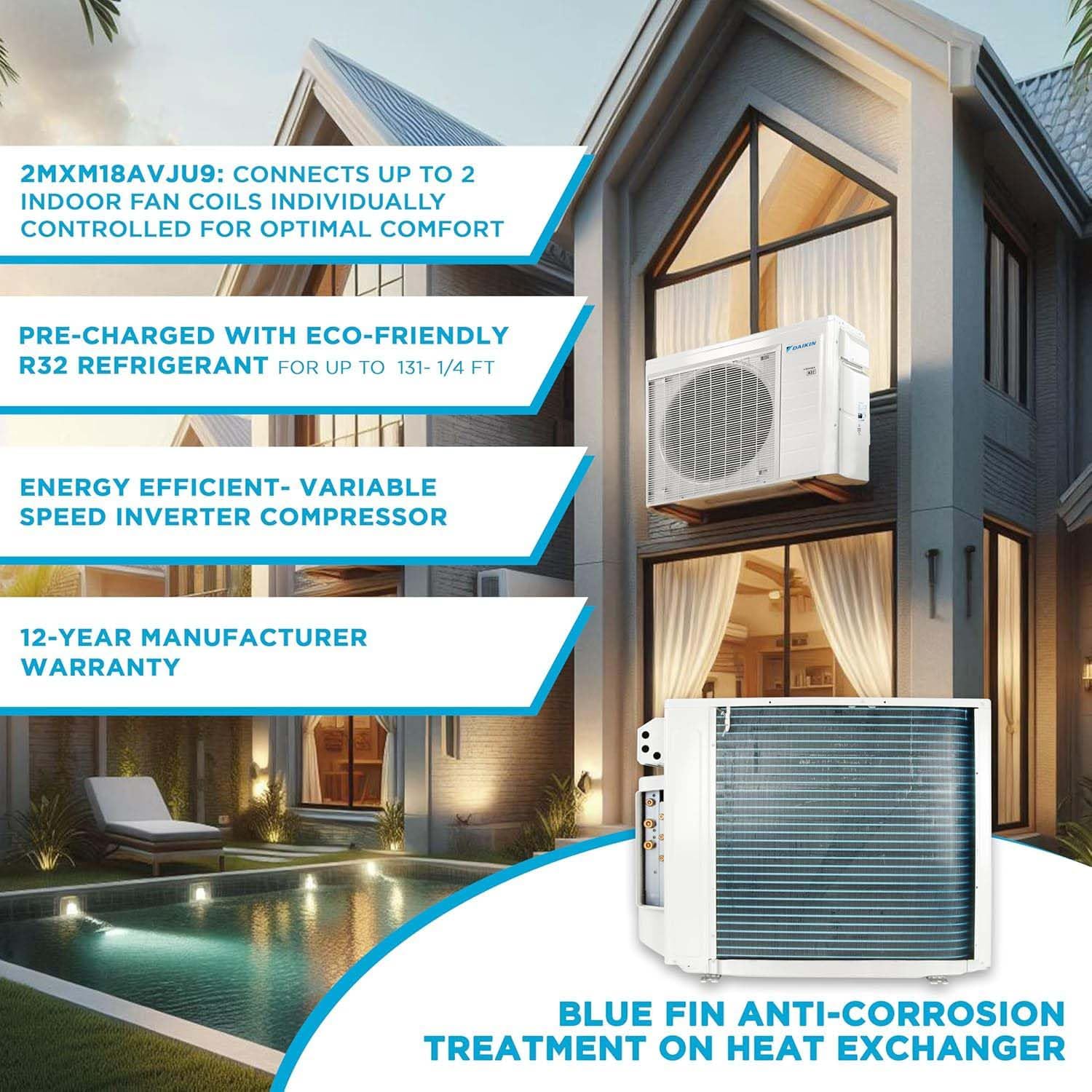 Daikin MXM 18,000 BTU (7K + 7K) 21 SEER2 Dual Zone Wall Mount Mini Split Heat Pump System - R32 - 230V