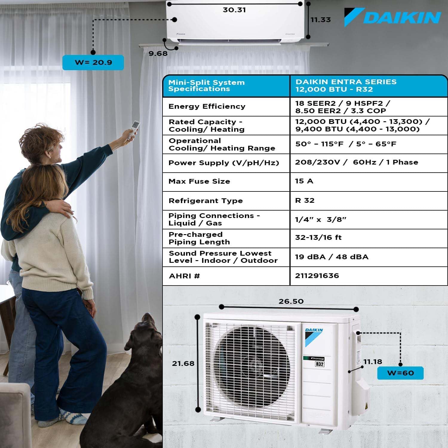 Daikin ENTRA 12,000 BTU 18 SEER2 Single Zone Wall Mount Mini Split Heat Pump System - R32 - 230V