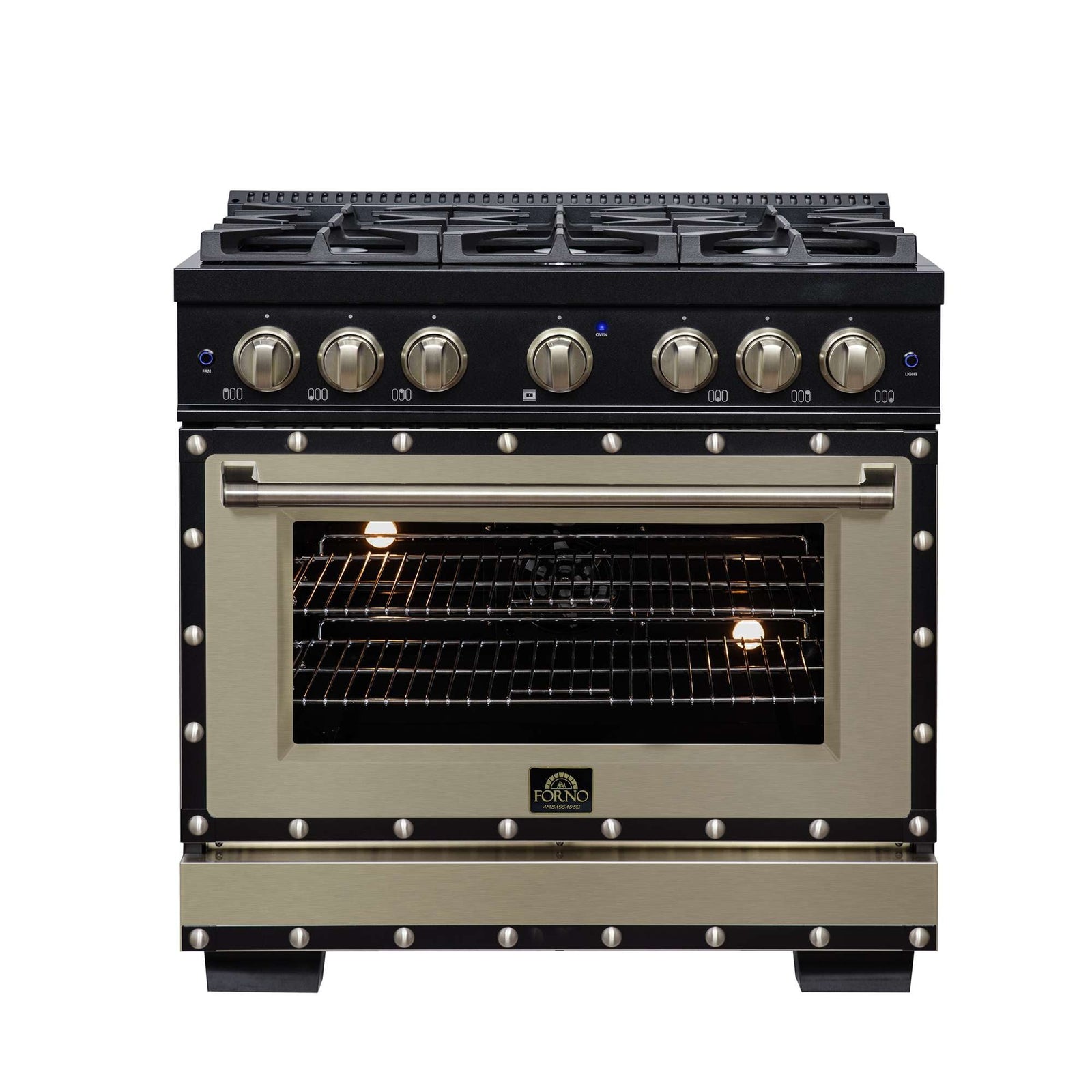Forno Ambassador 36" Dual Fuel Range in Black, 6 Sealed Burners, 71 000 BTU Cooktop Output , 5.2 Cu.Ft. convection Oven, Telescopic Racks - FFSGS6199-36CPBLK