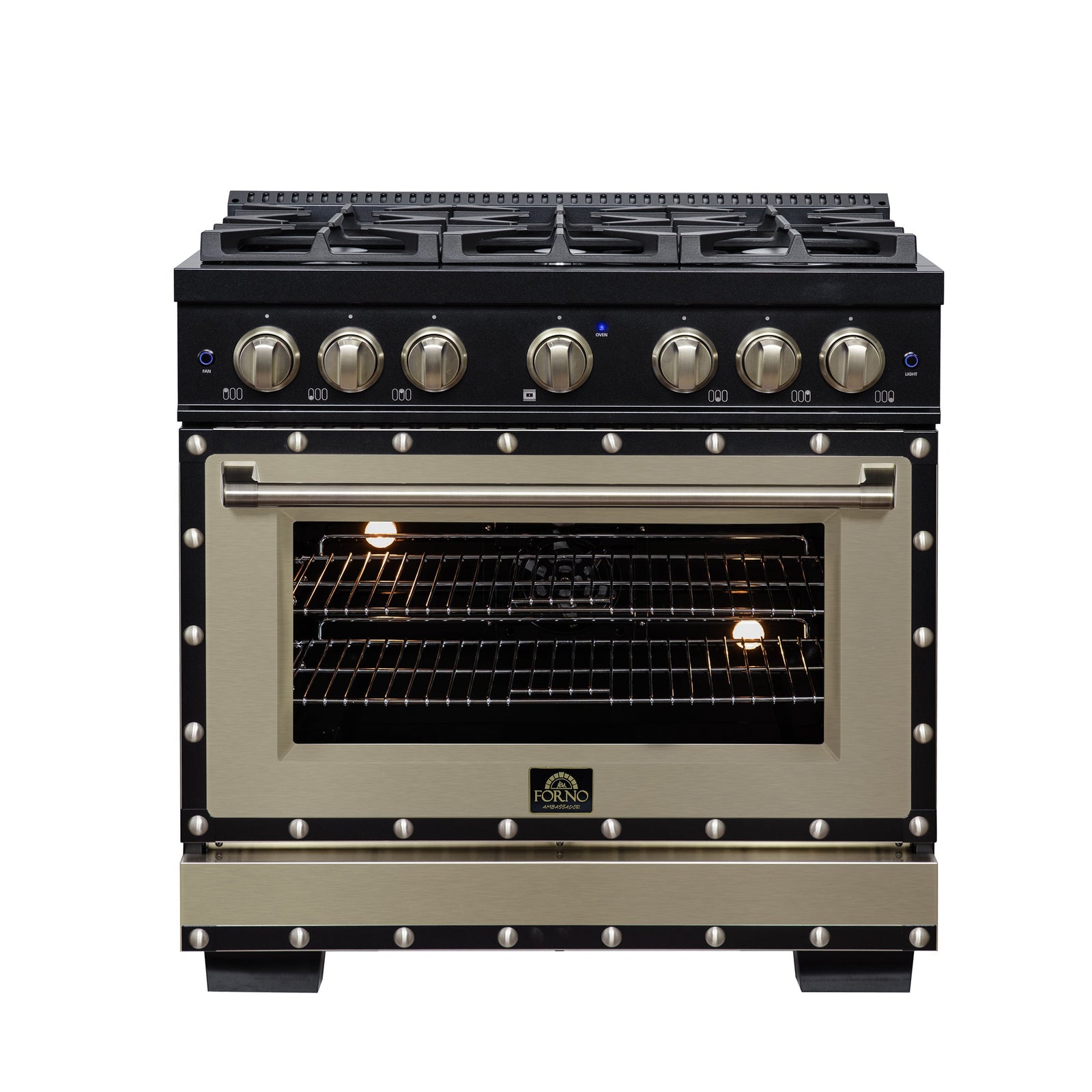 Forno Ambassador 36" Dual Fuel Range in Black, 6 Sealed Burners, 71 000 BTU Cooktop Output , 5.2 Cu.Ft. convection Oven, Telescopic Racks - FFSGS6199-36CPBLK