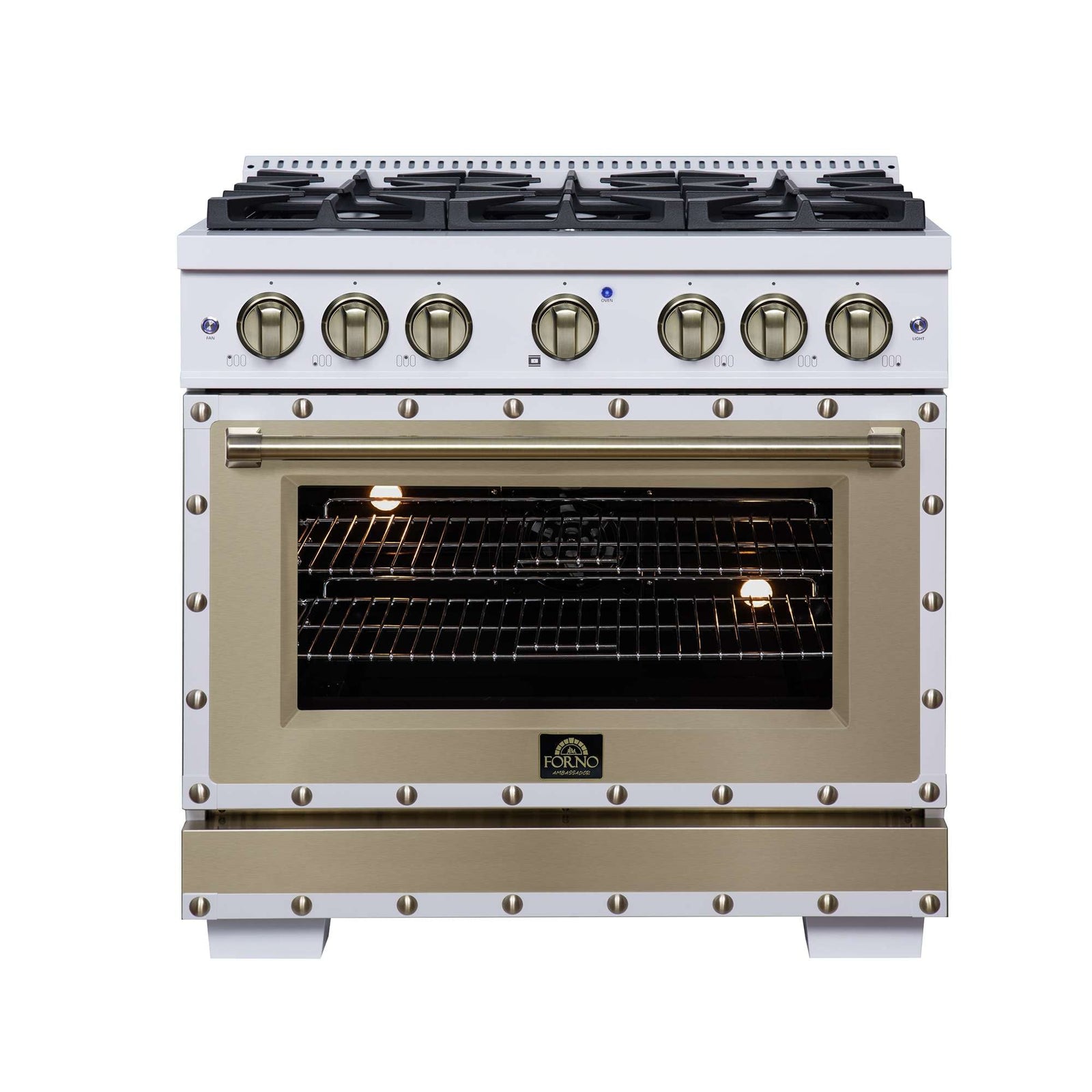 Forno Ambassador 36" Dual Fuel Range in White, 6 Sealed Burners, 71 000 BTU Cooktop Output , 5.2 Cu.Ft. convection Oven, Telescopic Racks - FFSGS6199-36CPWHT